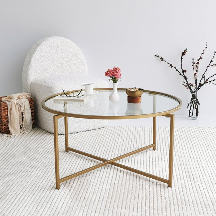 Hanah Home Gold Sun S404 Mesa de Centro con Cristal Templado Dorado